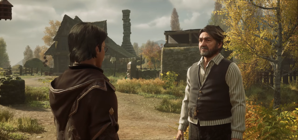 Два мужчины разговаривают на деревенской дороге осенью