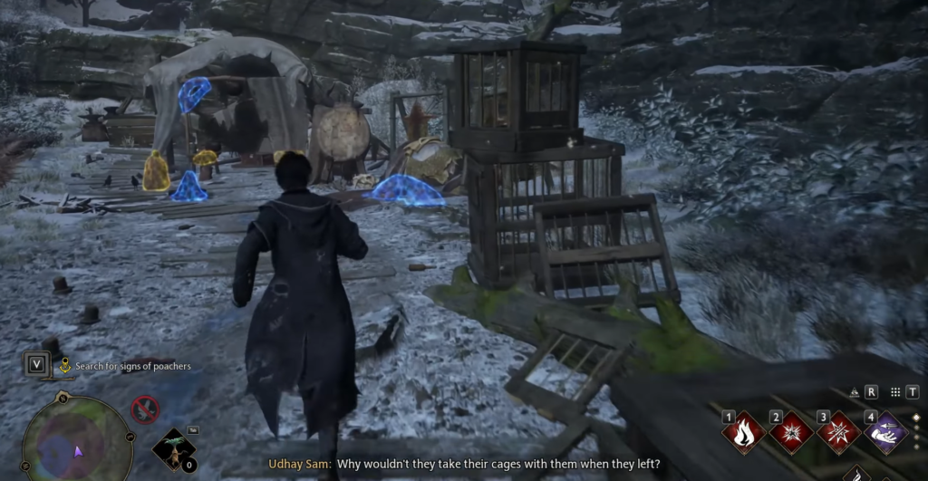 Волшебник бежит к лагерю браконьеров в Hogwarts Legacy