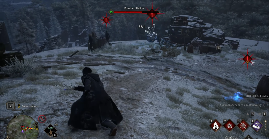 Персонаж крадется по снегу возле повозки в Hogwarts Legacy