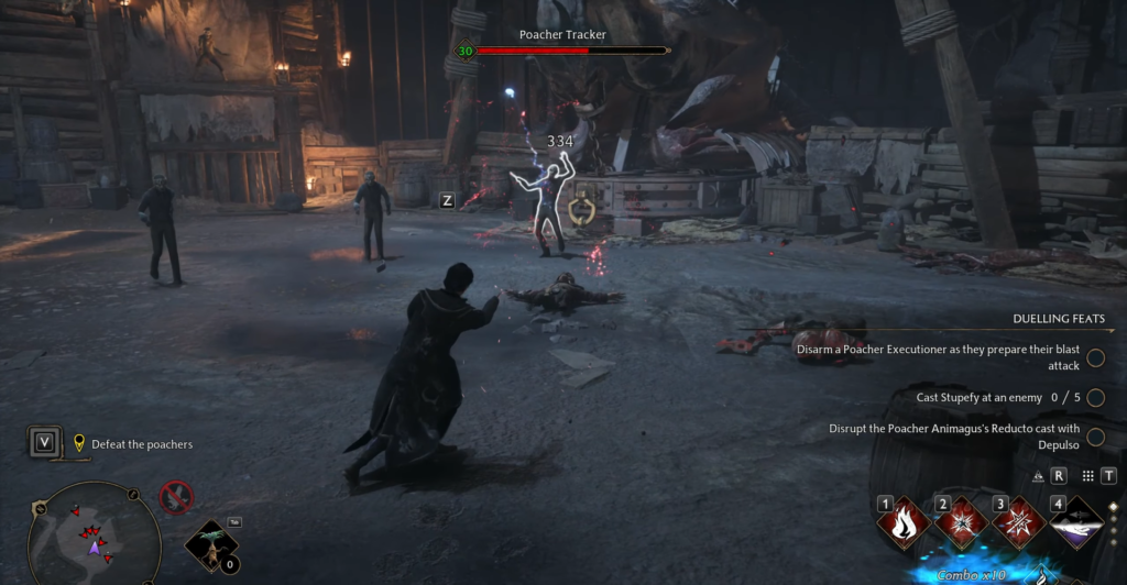 Волшебник атакует браконьеров заклинанием в Hogwarts Legacy