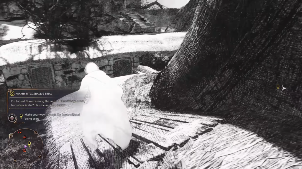 Персонаж в белом плаще крадётся по руинам города