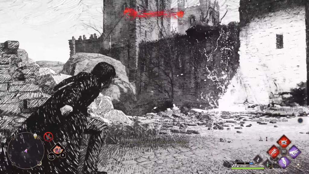 Персонаж крадётся у замка в Hogwarts Legacy