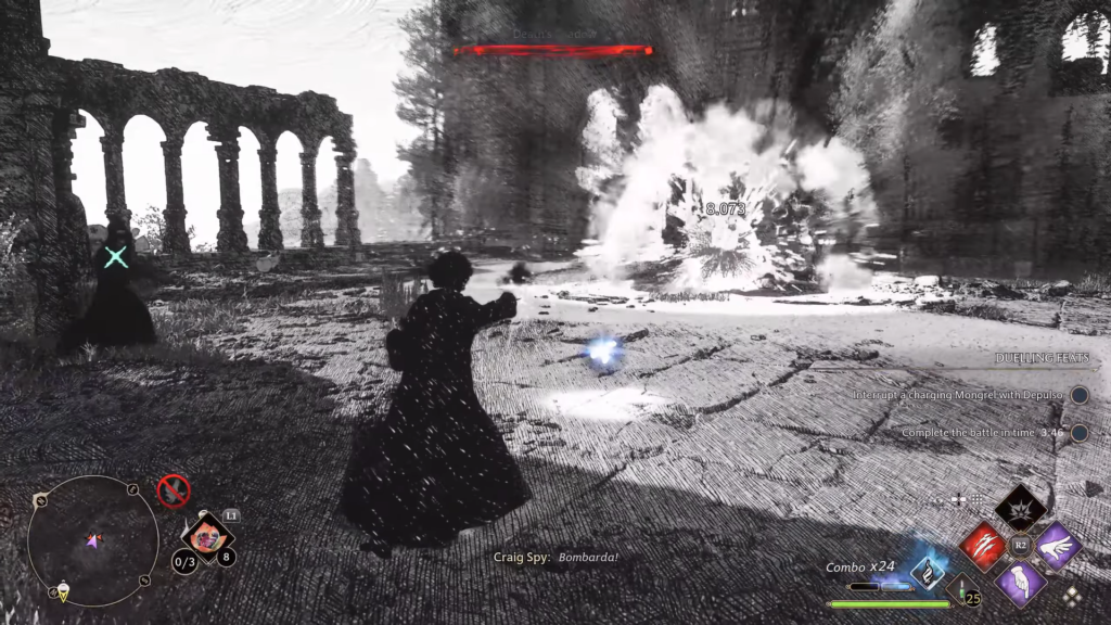 Волшебник применяет Bombarda в Hogwarts Legacy на руинах