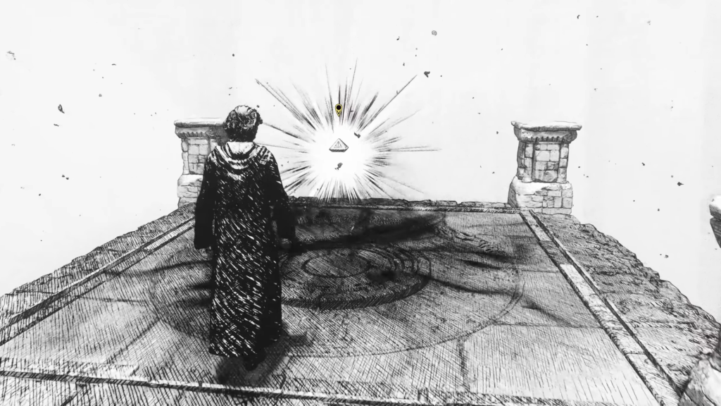 Волшебник в мантии идет к светящемуся порталу на мосту