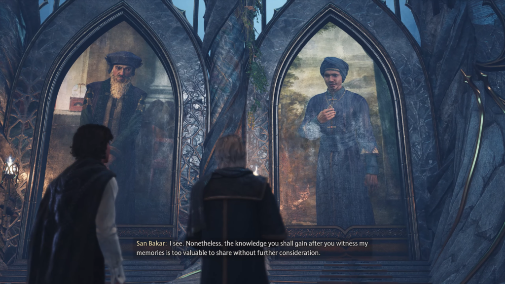 Игроки смотрят портреты в каменном зале Hogwarts Legacy