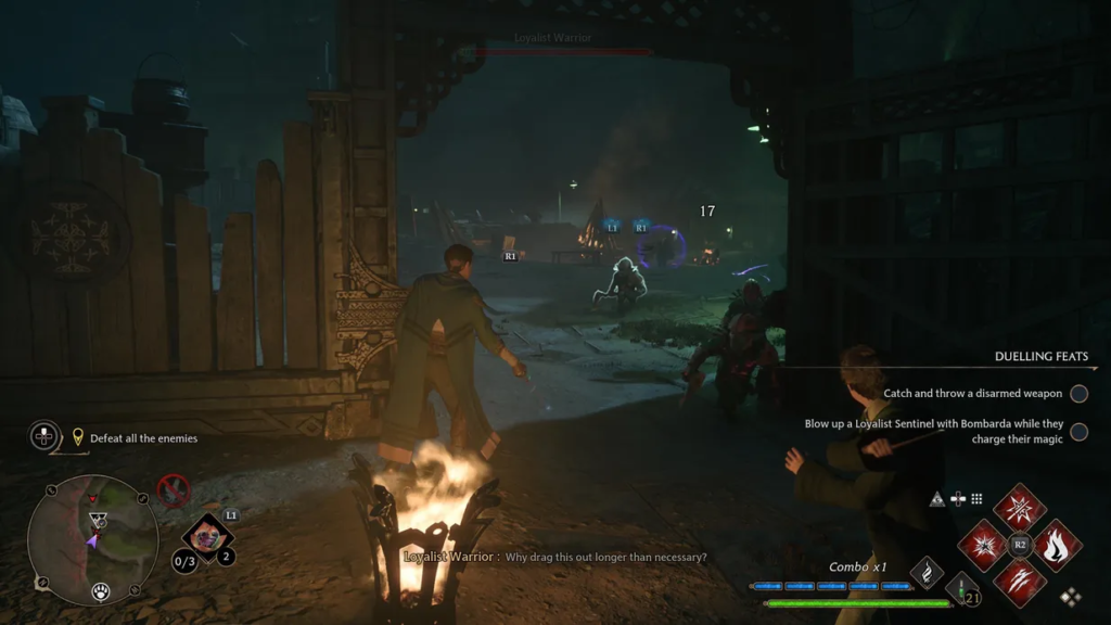 Персонаж Hogwarts Legacy сражается с врагами ночью у ворот