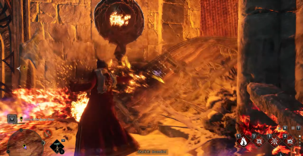 Персонаж в Hogwarts Legacy применяет огонь в руинах