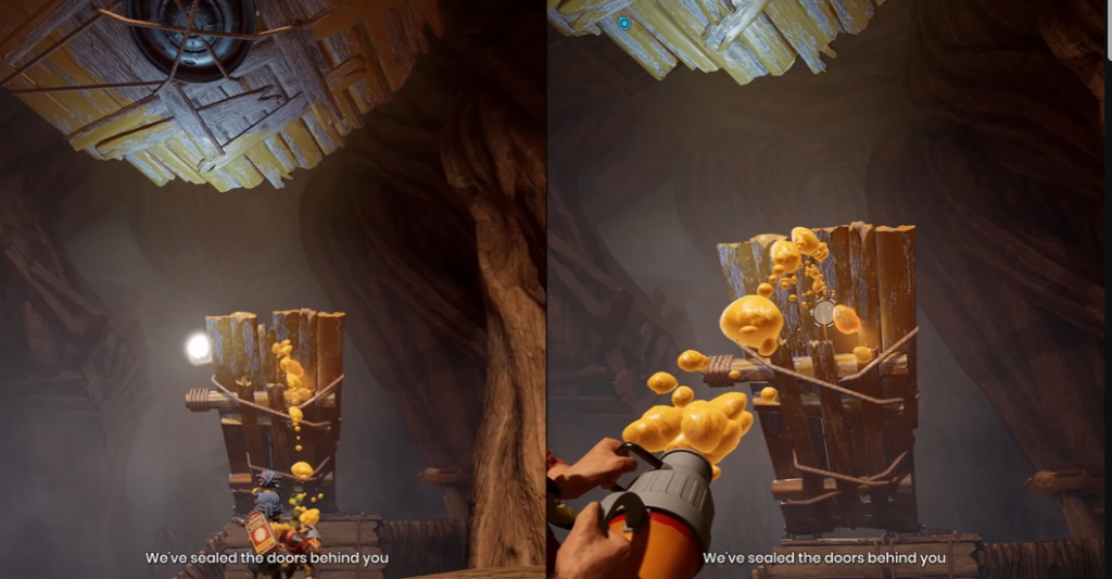 Персонажи It Takes Two стреляют пеной в пещере