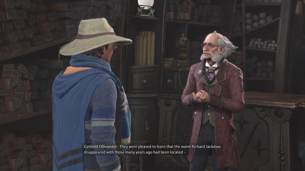 Гербольд Олливандер разговаривает с учеником в магазине палочек