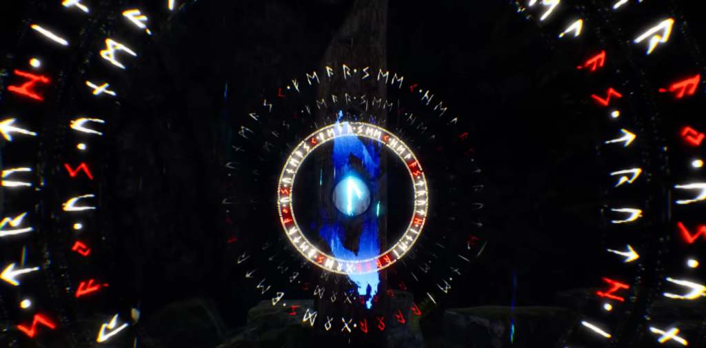 Светящийся синий портал с рунами в темноте