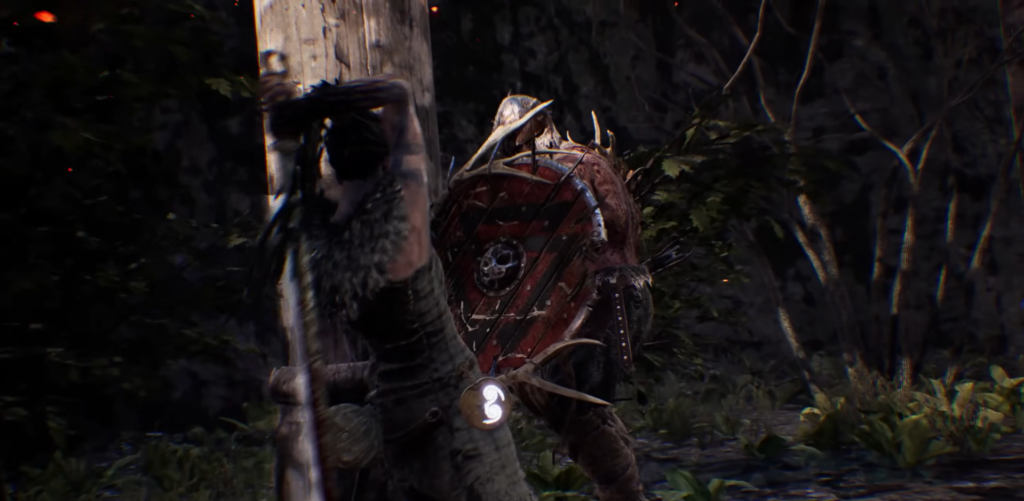 Воин с красным щитом сражается в лесу