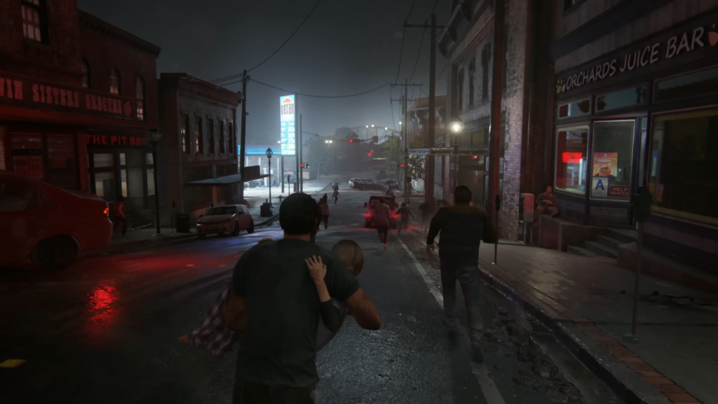 Мужчина несет ребенка по ночной городской улице