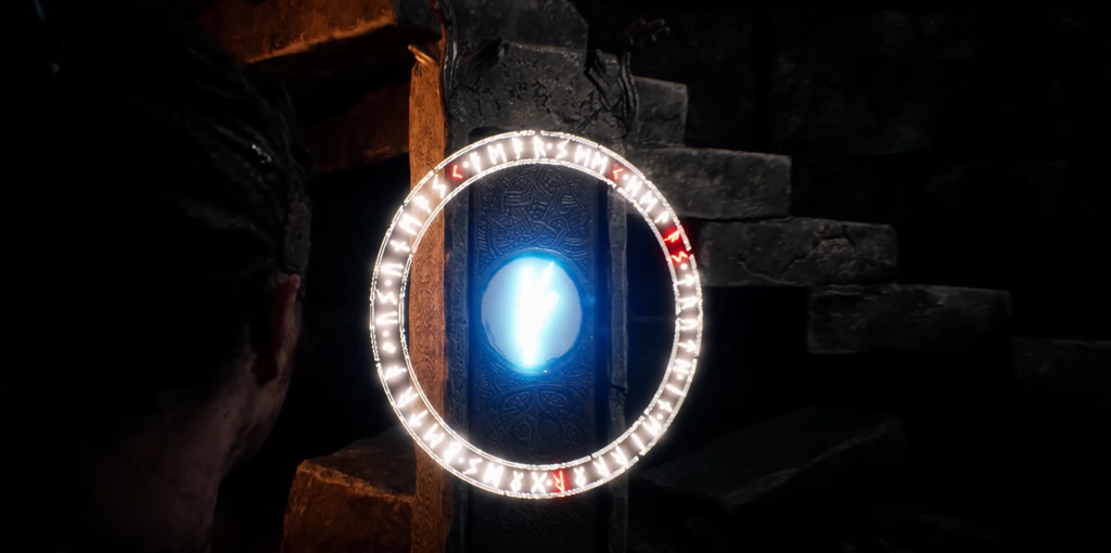 Светящийся рунический портал с синим светом в руинах