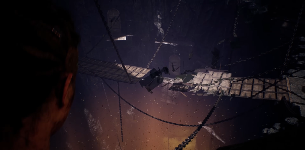 Разрушенный деревянный мост на цепях в пещере