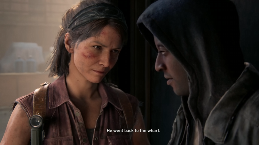 Элли из The Last of Us разговаривает с мужчиной в капюшоне