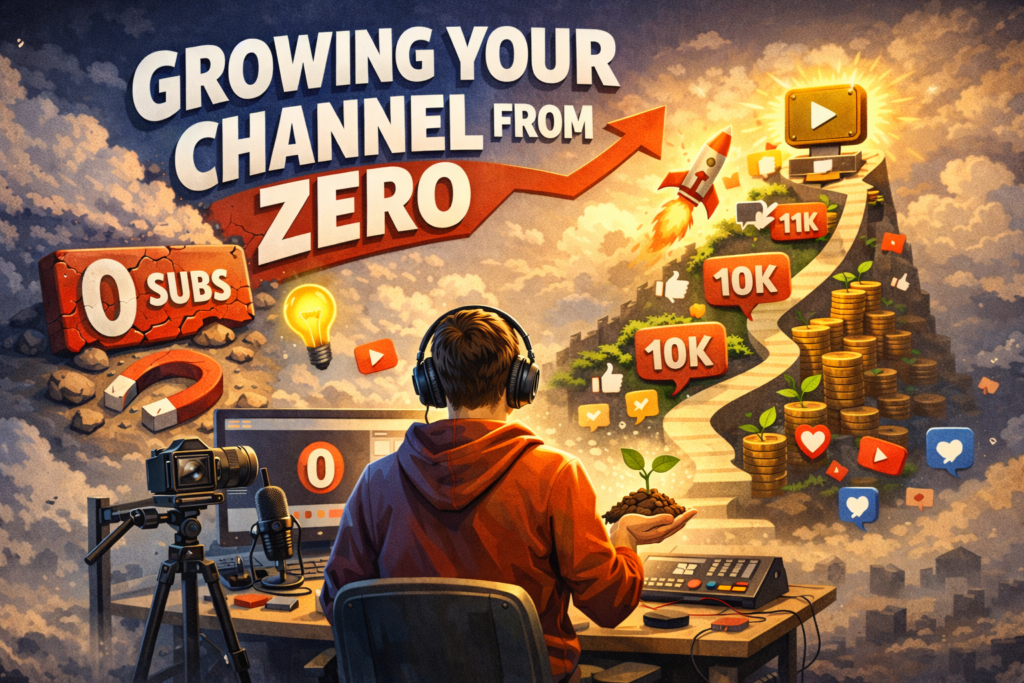 Блогер за компьютером растит канал, график вверх