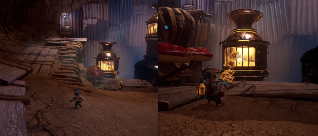 Мэй и Коди бегут по пещере с фонарями