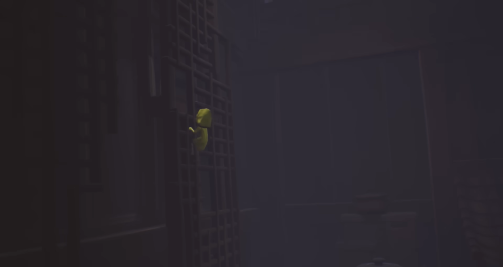 Шестая из Little Nightmares карабкается по лестнице в темноте