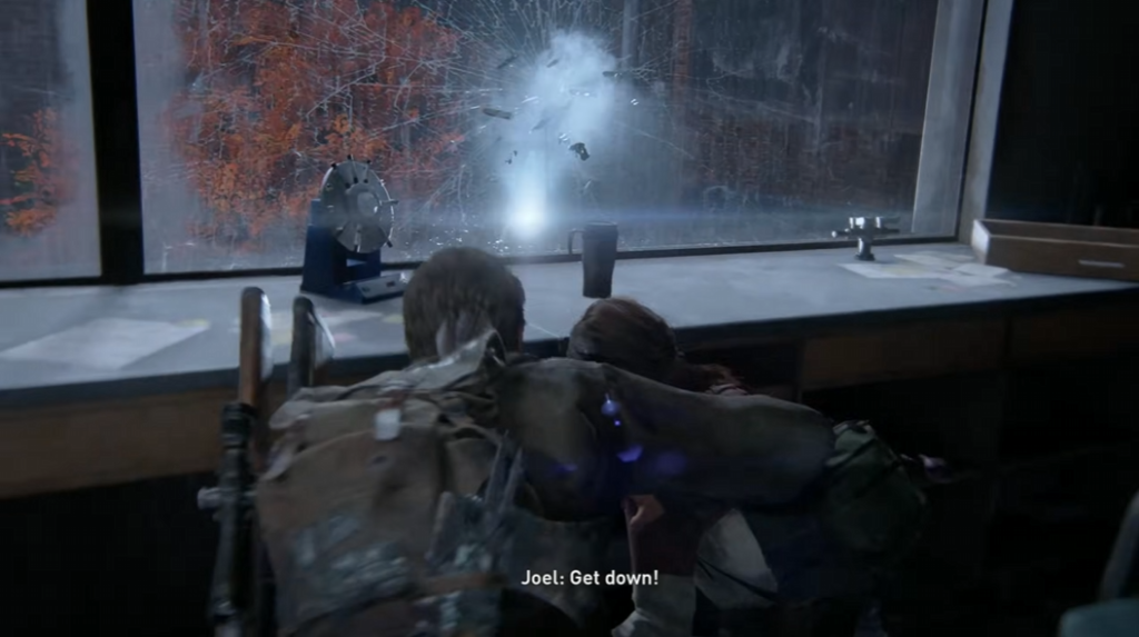 Джоэл и Элли пригибаются у окна, The Last of Us