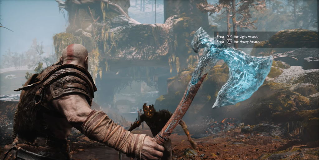 Кратос из God of War сражается в лесу