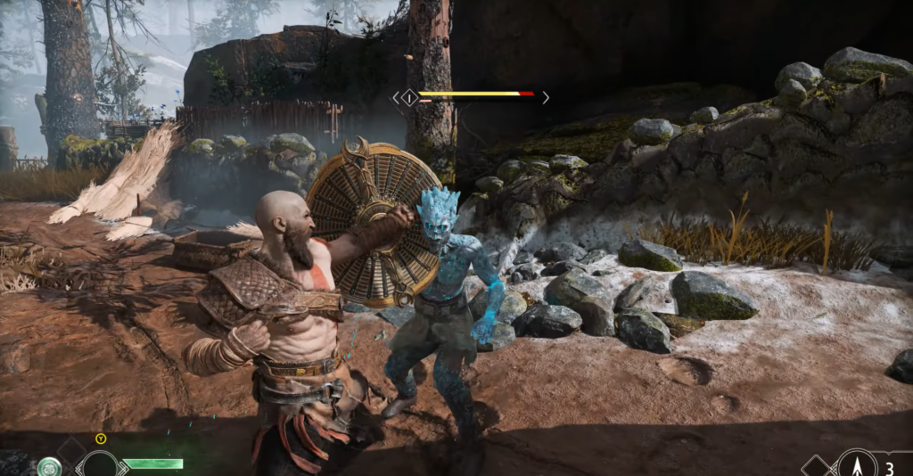 Кратос из God of War бьет синего врага на тропе