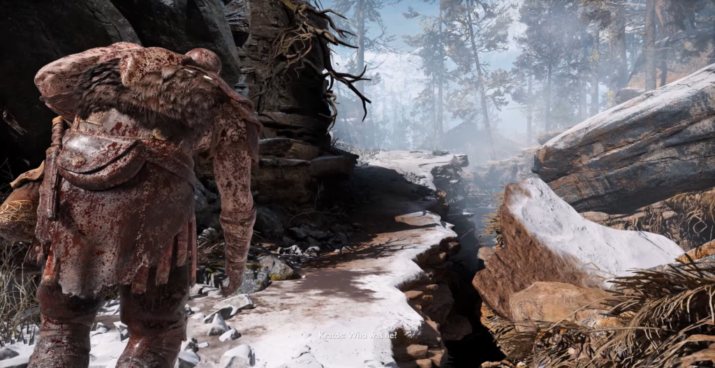Кратос из God of War идет по снегу в лесу
