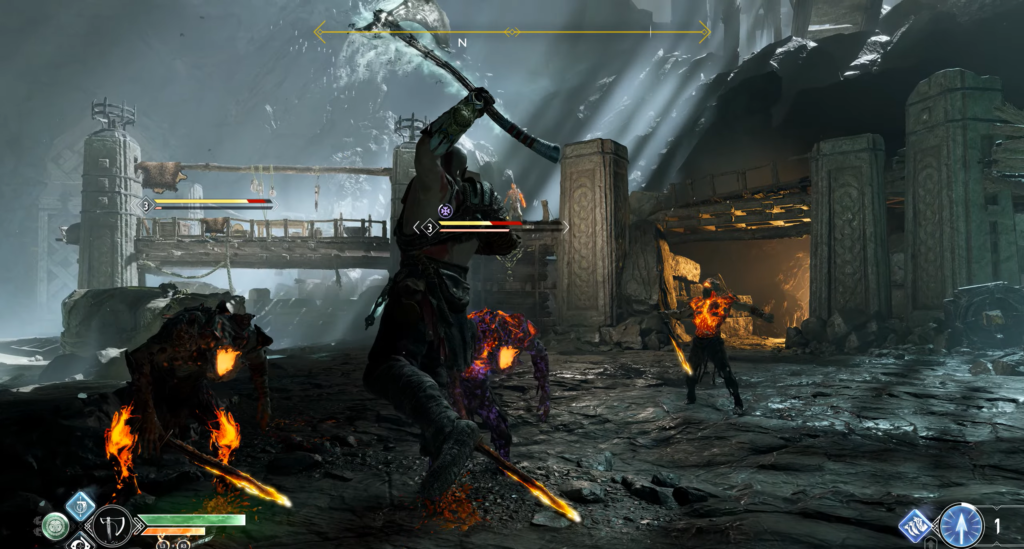 Кратос сражается с огненными врагами в руинах God of War