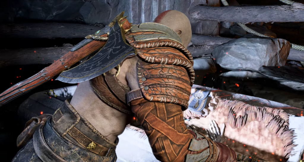Кратос из God of War держит топор в пещере