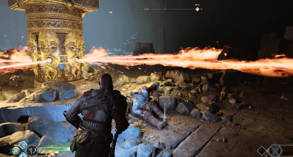 Кратос в God of War уклоняется от огня в руинах