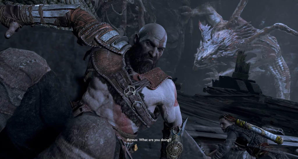 Кратос сражается с драконом, Атрей рядом на мосту