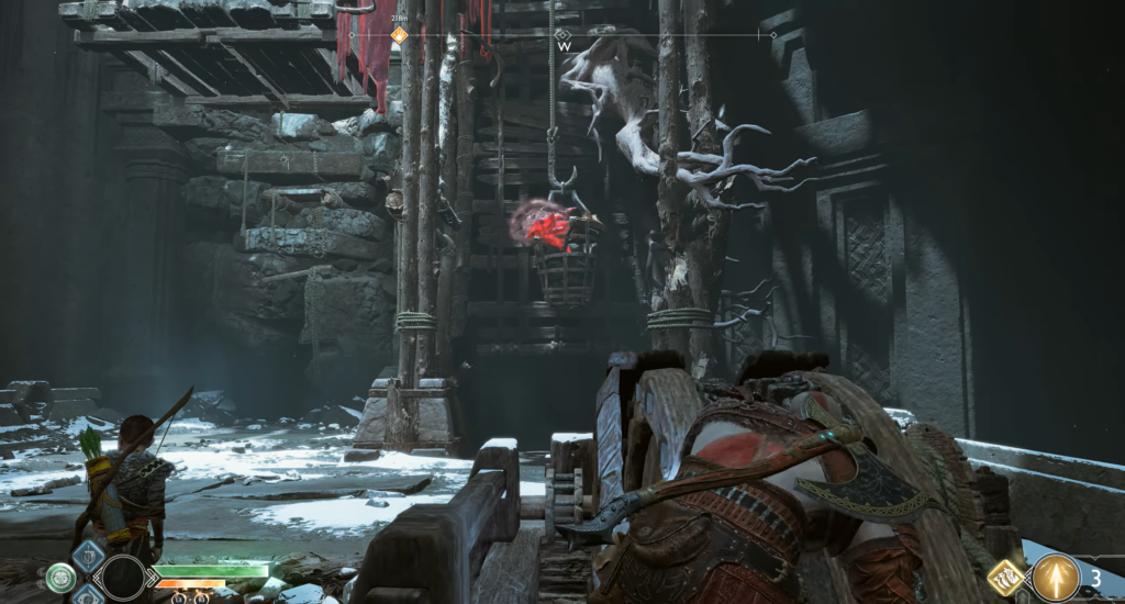 Кратос целится из баллисты в руинах God of War