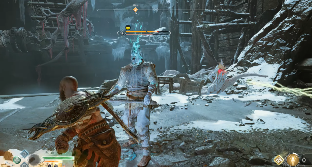 Кратос сражается с призраком в снежных руинах God of War