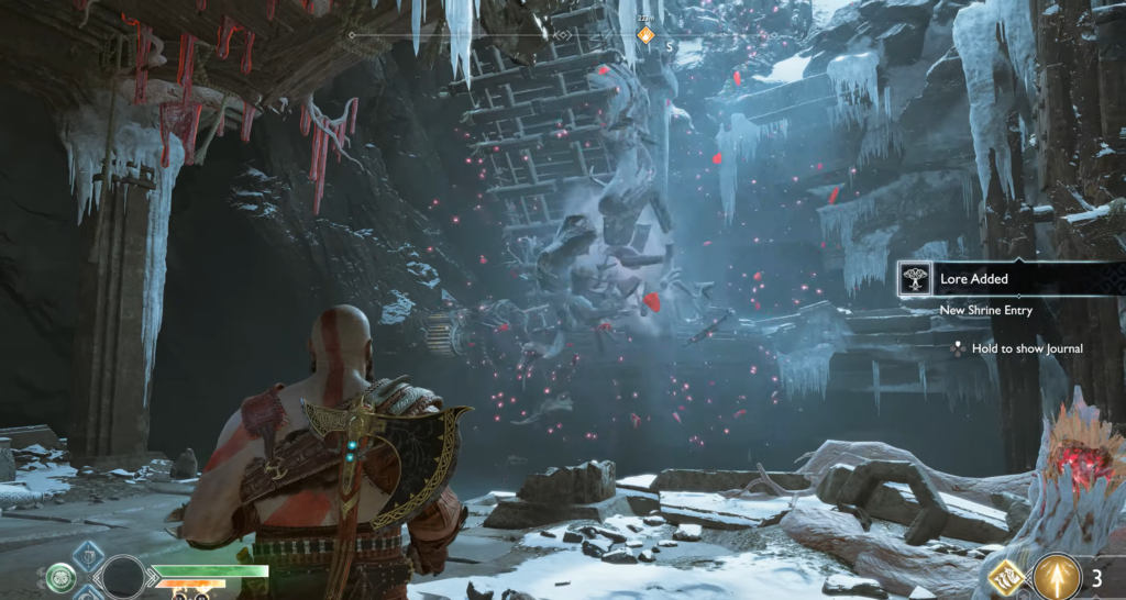 Кратос в God of War стоит в ледяной пещере