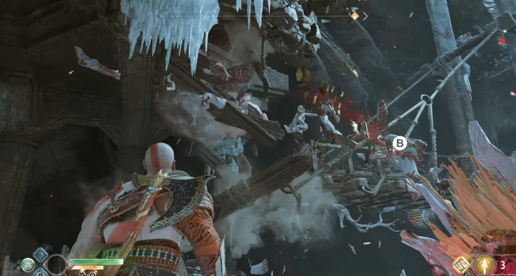 Кратос разрушает мост в ледяной пещере God of War