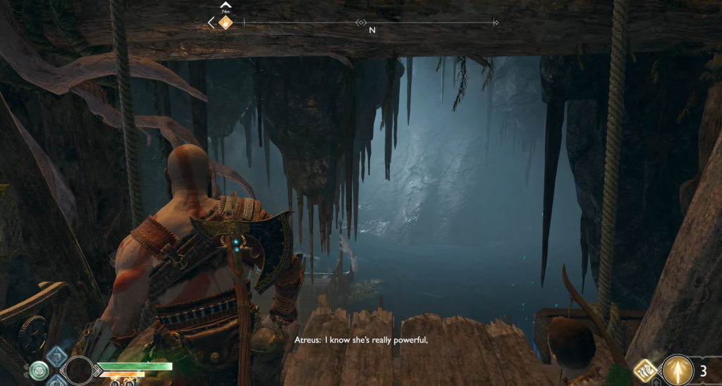 Кратос стоит на деревянном мосту в пещере God of War