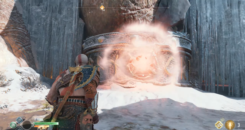 Кратос из God of War открывает портал в снегу