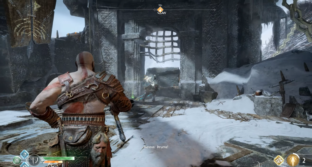 Кратос сражается в снежных руинах God of War