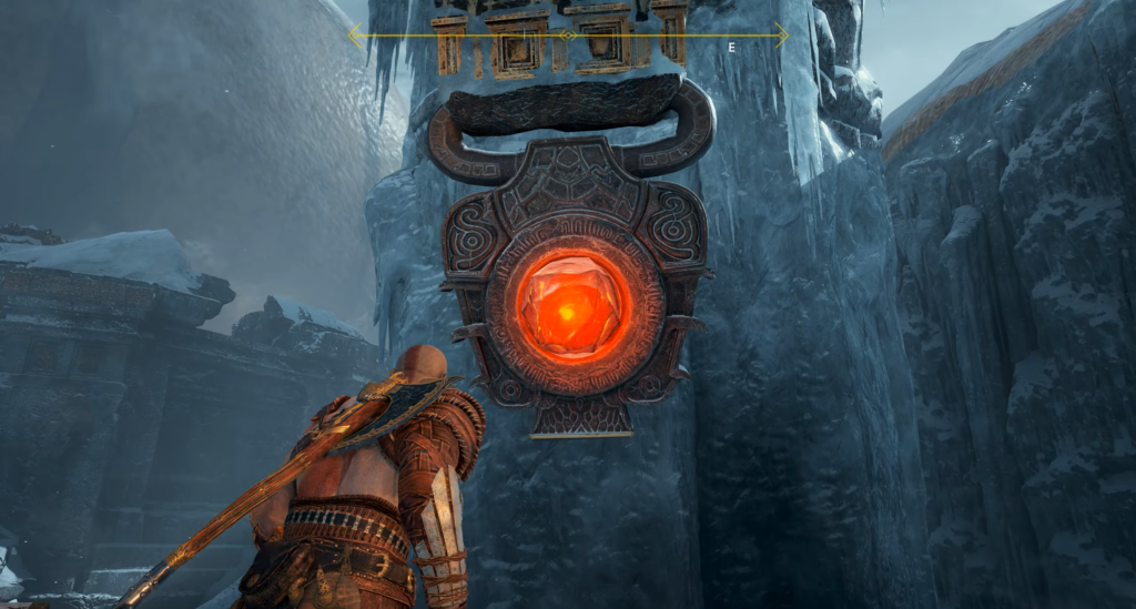 Кратос из God of War смотрит на руну в льдах