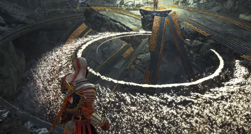 Кратос смотрит на светящееся кольцо в руинах God of War