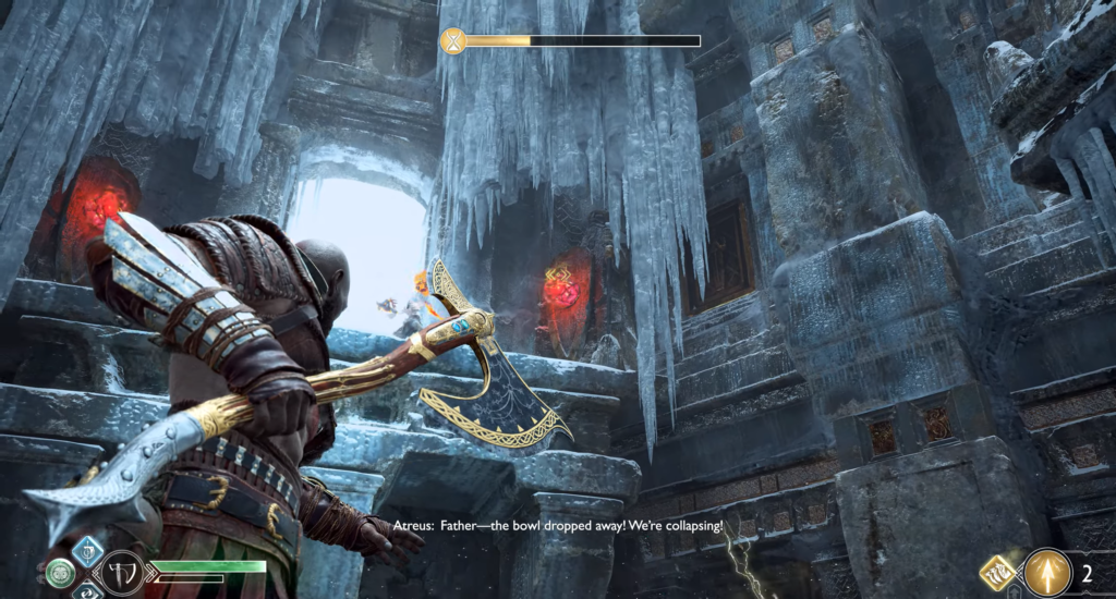 Кратос с топором в ледяных руинах God of War