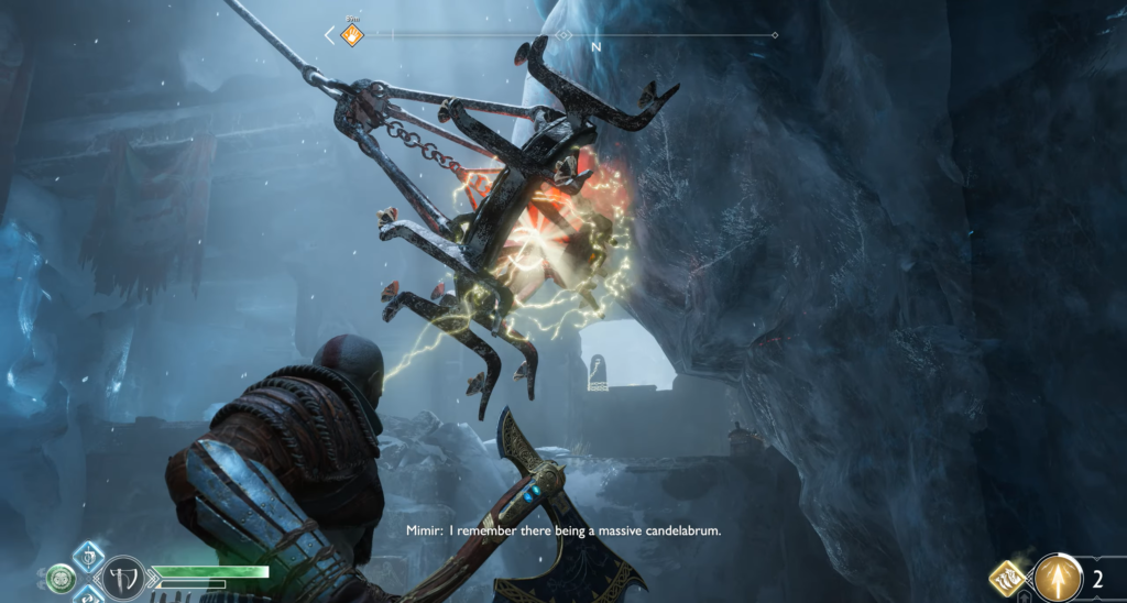 Кратос в God of War стреляет по механизму в пещере