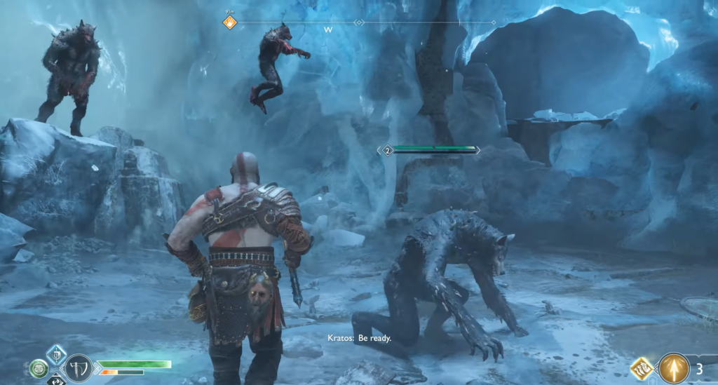 Кратос сражается с оборотнями в ледяной пещере God of War