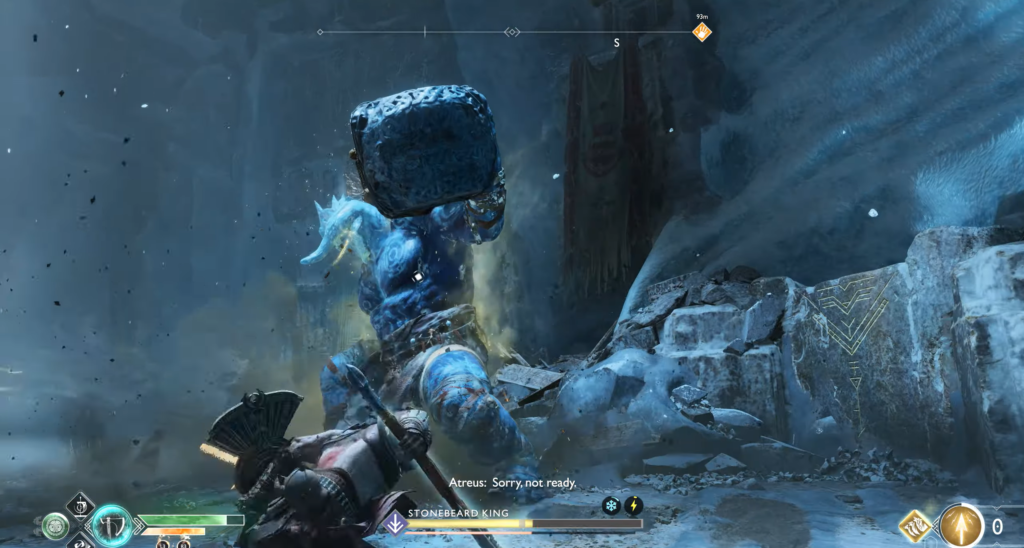 Кратос сражается с Stonebeard King в пещере