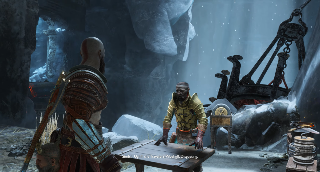 Кратос разговаривает с Синдри в ледяной пещере