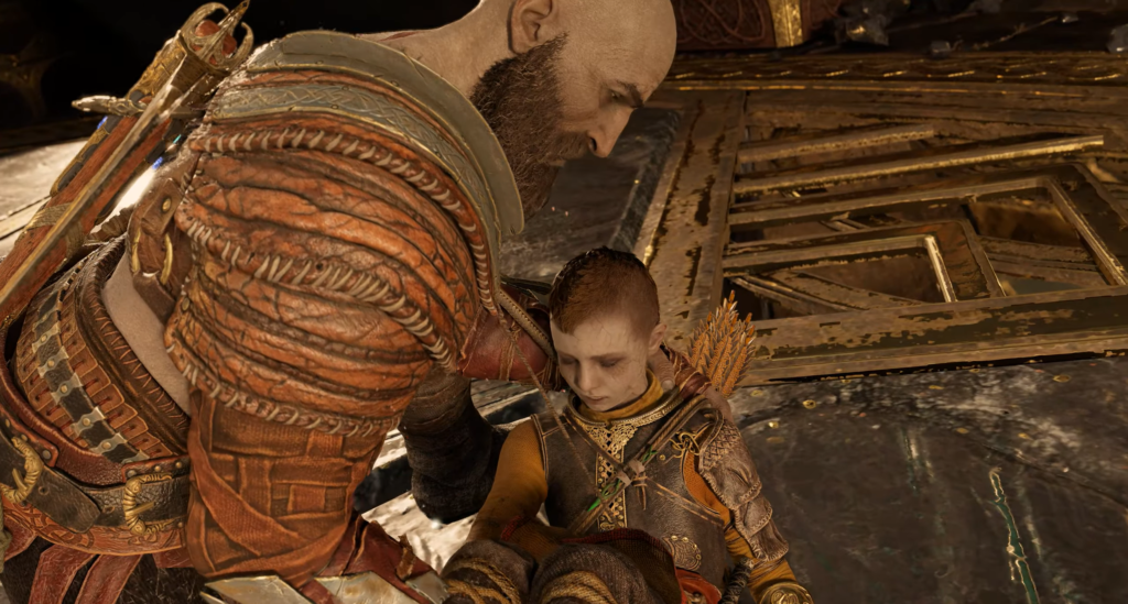 Кратос поддерживает Атрея на золотом полу God of War