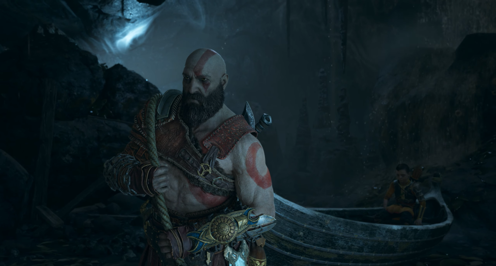 Кратос из God of War держит весло в лодке