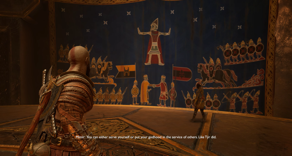 Кратос и Атрей смотрят на гобелен в зале