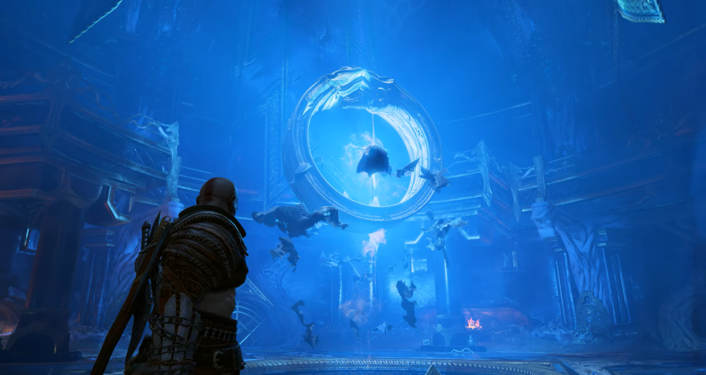 Кратос смотрит на портал в синем храме