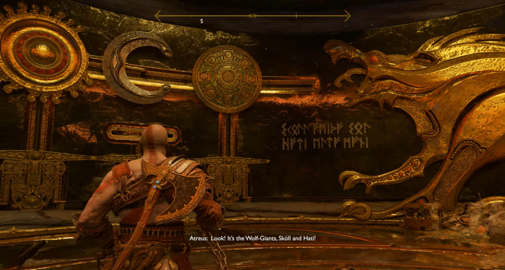 Кратос осматривает золотую фреску в храме God of War