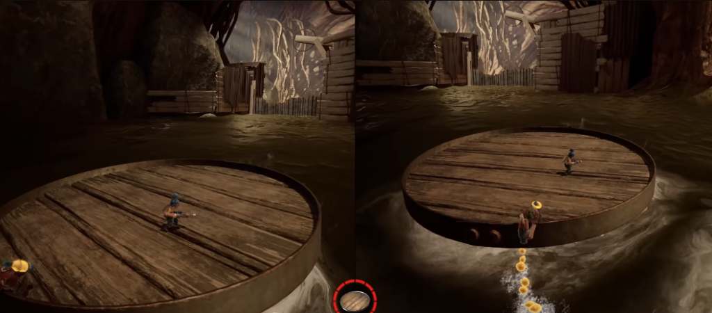 Мэй и Коди прыгают на деревянной платформе в воде